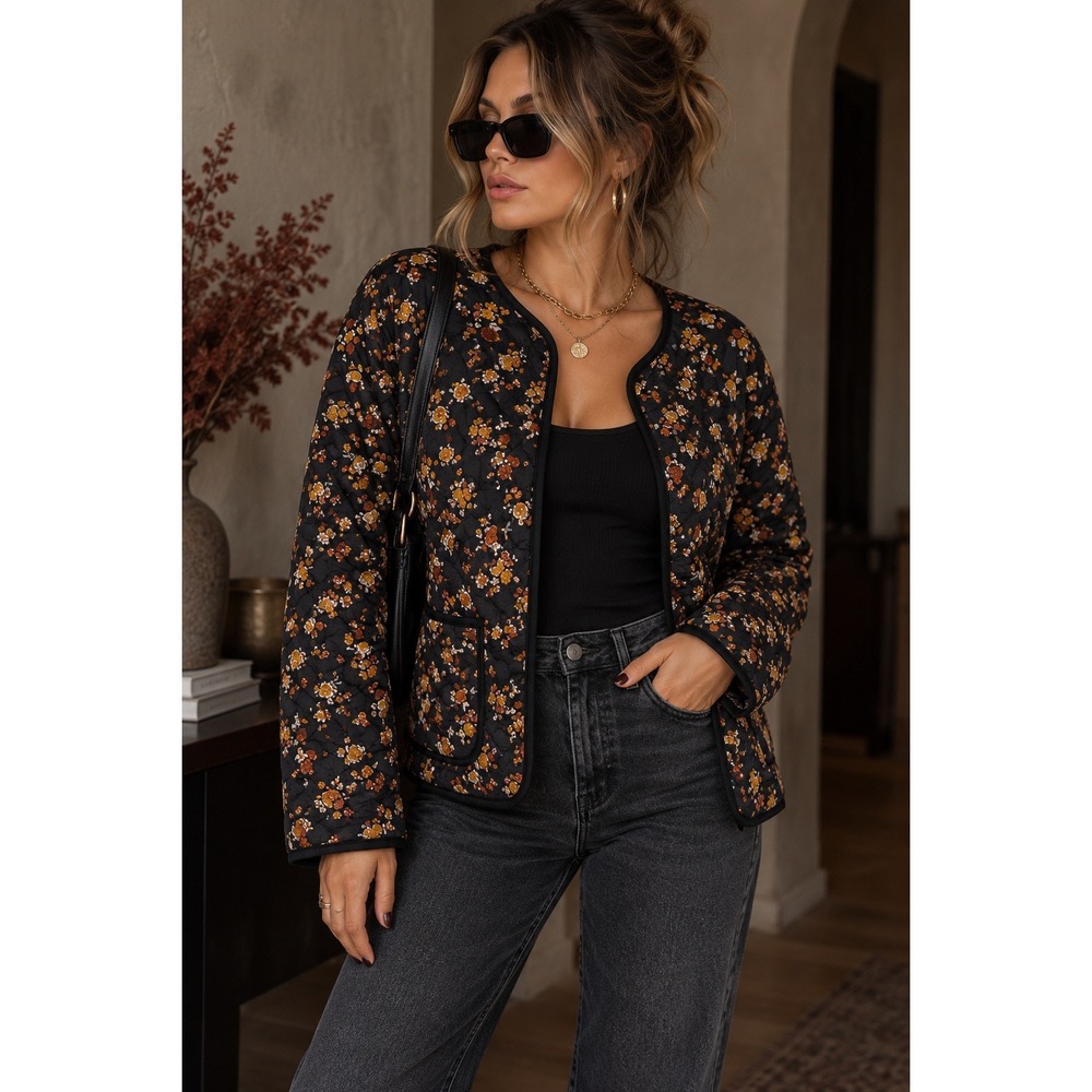 Reversible Quilted Floral Jacket Black Botanical Boho Fall Coat PXL
